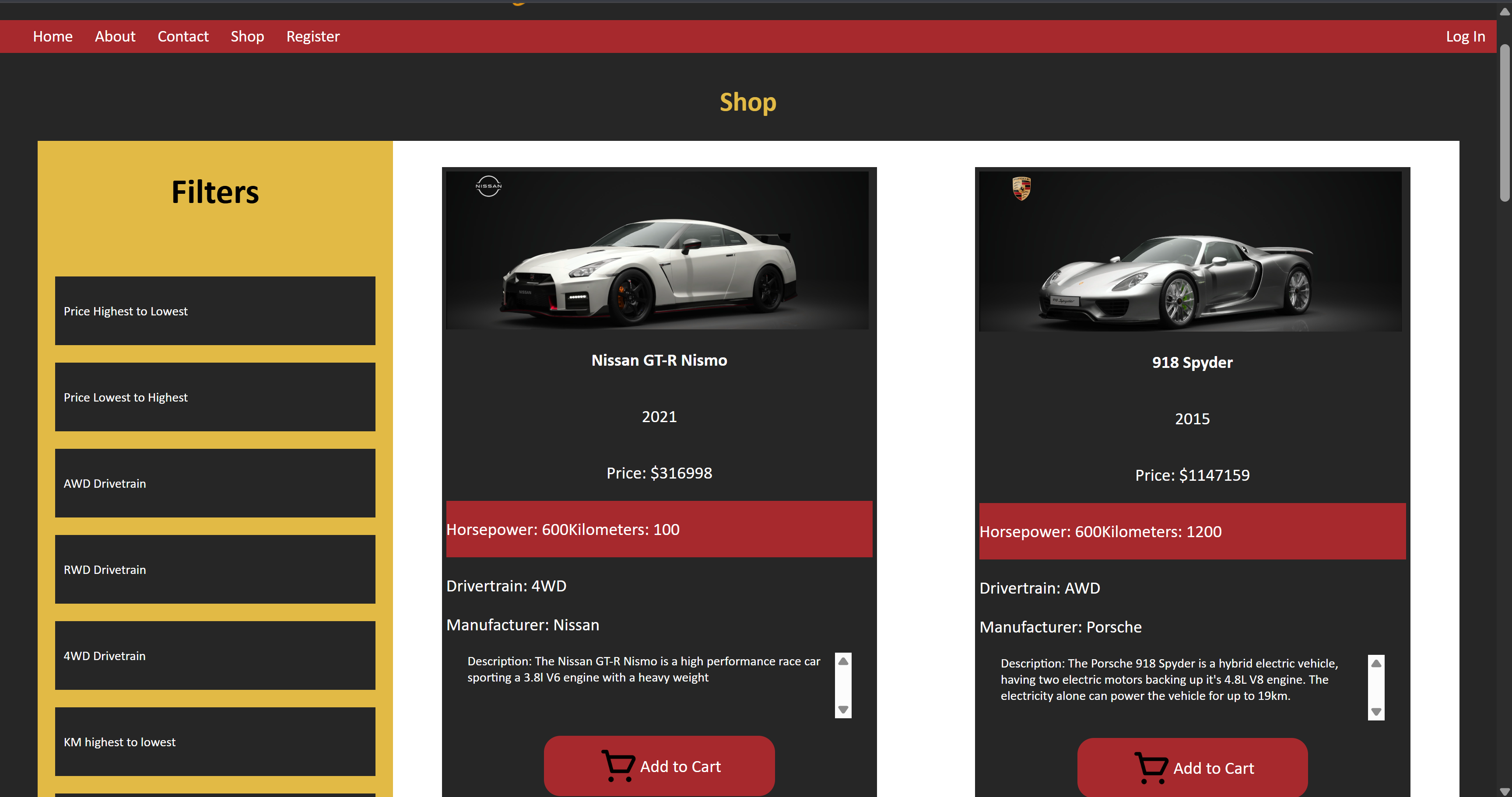 A screenshot showing the shop page as it displays various products from the database.
