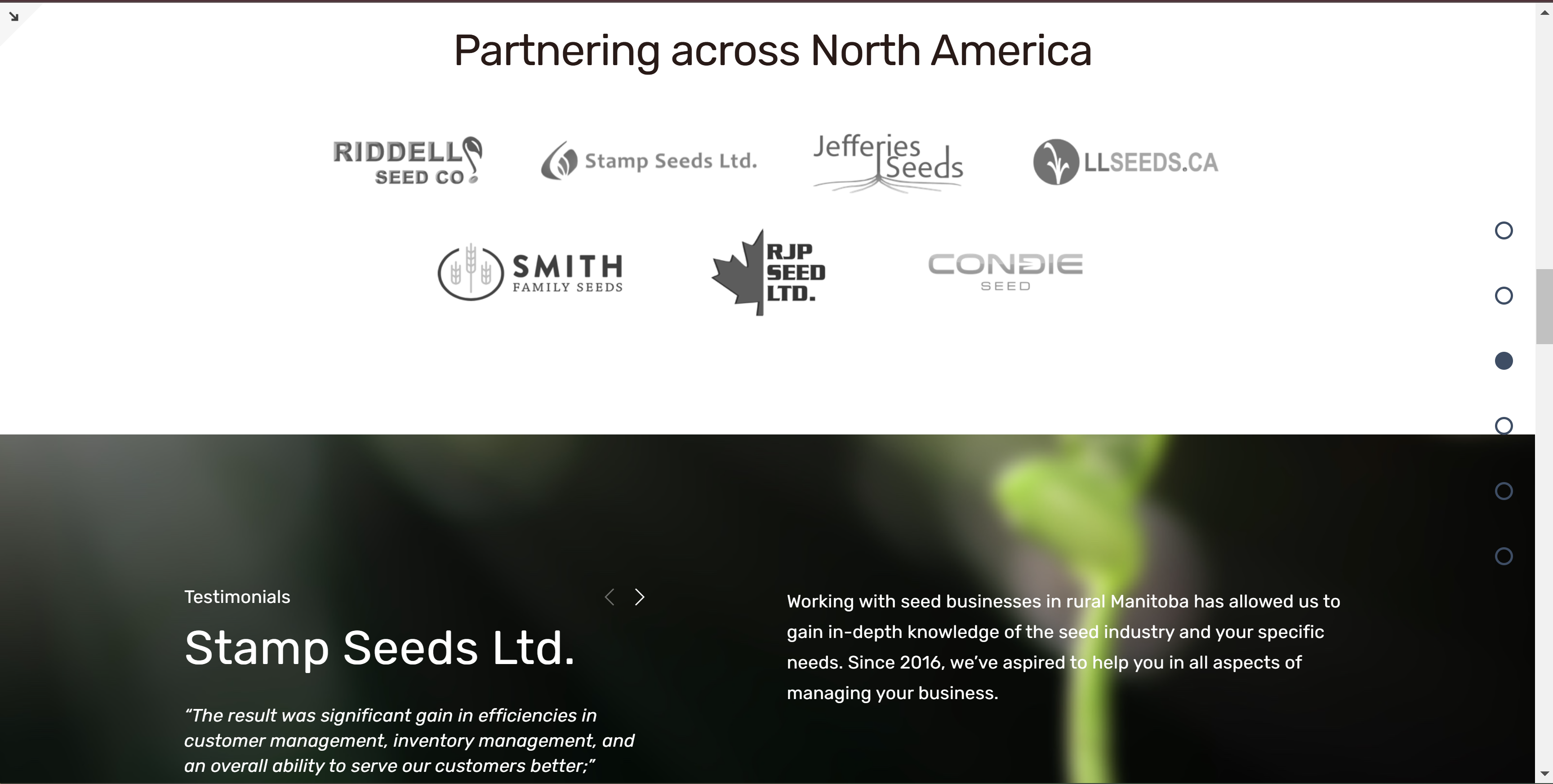 A screenshot of the old seedtrakr homepage before it underwent the redesign. This image shows what the old partner showcase looked like.