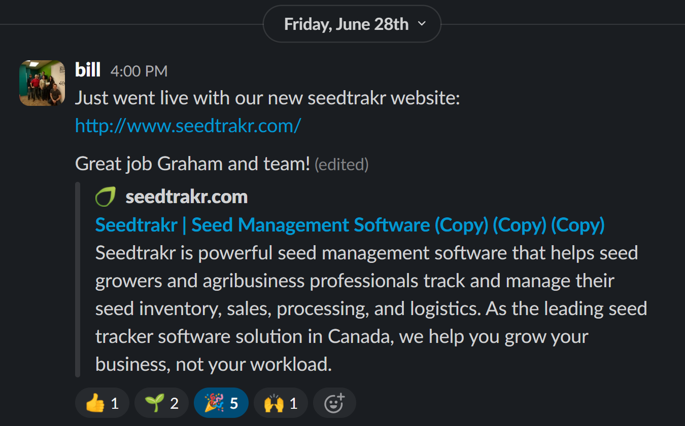 A screenshot of the seedtrakr team celebrating the relaunch of the new redesigned website.
