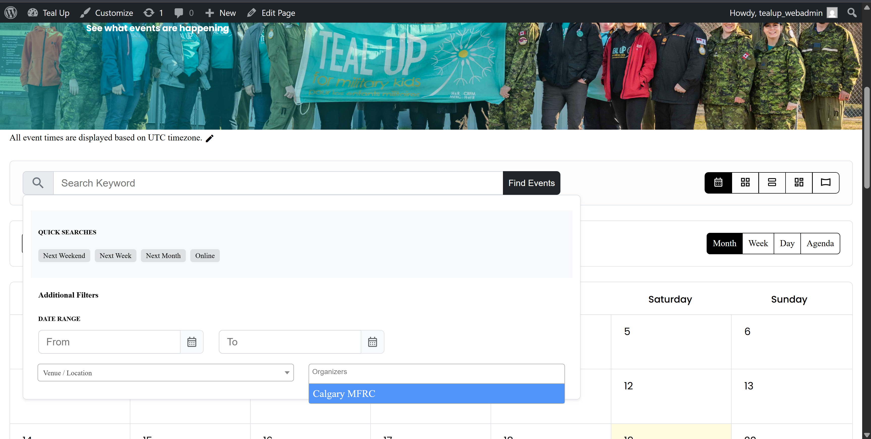 A screenshot of the Event page and it's calendar tool displaying upcoming events. 